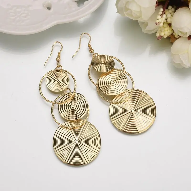 Multi layer Concentric Circle Dangle Earrings Gold Textured Metal Long Hook Earrings Exaggerated Large Disc Statement Earrings