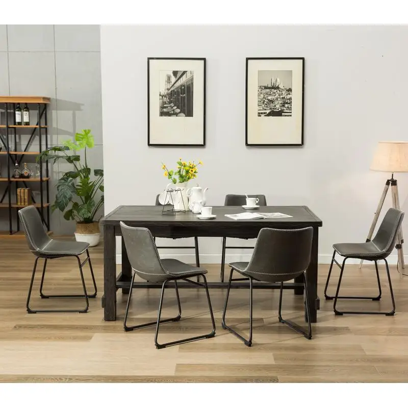 

7-Piece Antique Black Wood Dining Set with 6 Gray Faux Leather Chairs