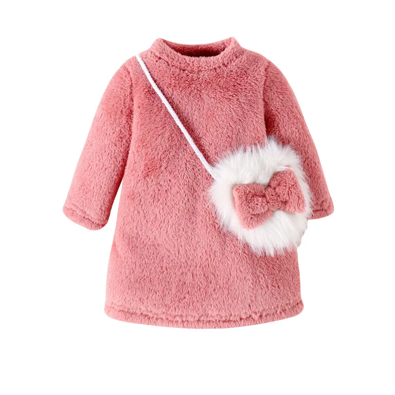 

Girls' Autumn and Winter New Cute Princess Style Solid Color Furry Dress with Bowknot Bag Two-Piece Set