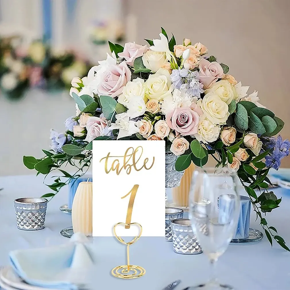 1pcs Duplo Coração Forma Metal Memo Titular Tabela Placecard Titular Foto Clip Card Stand Casamento Banquete Coração Mensagem Titular