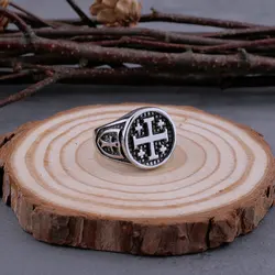 316L Stainless Steel Vintage Religious Jerusalem Cross Rings Men's Fashion Hip Hop Biker Rings Religious Jewelry Wooden Box