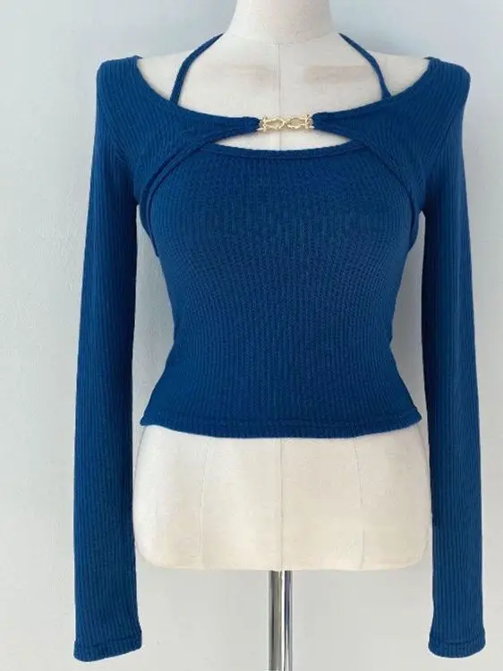 طقم نسائي مكون من قطعتين بمقاسات كبيرة: توب مثير بحمالات رقبة وكارديجان قصير على الطراز الكوري لفصلي الخريف والشتاء #3