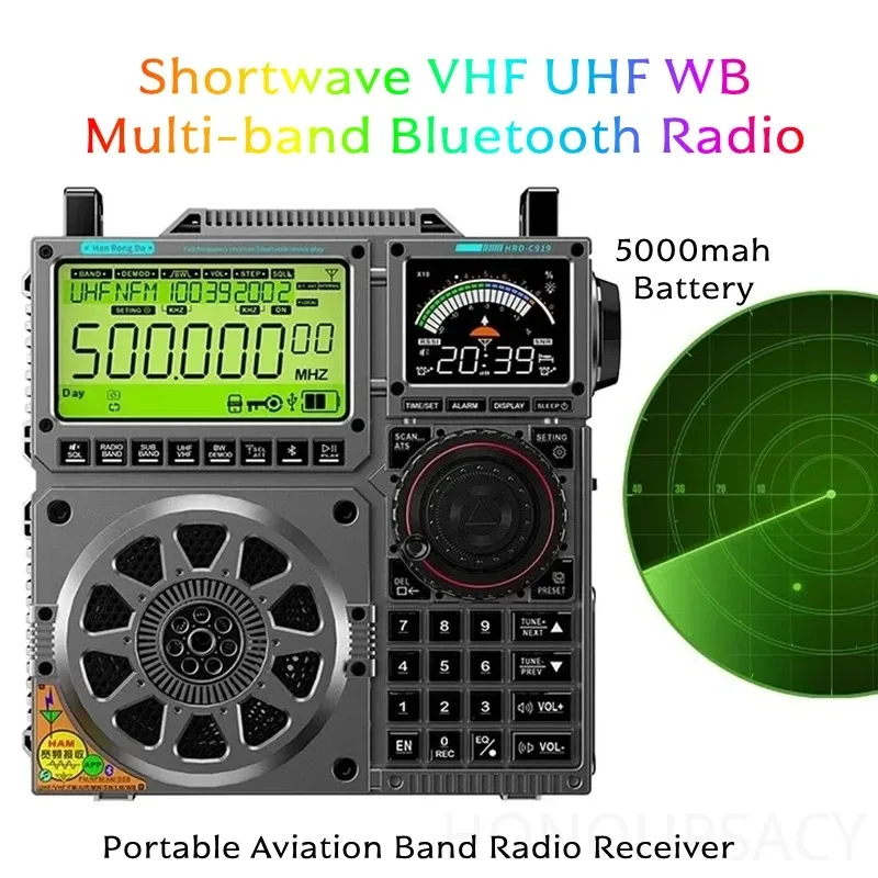 N-EW HRD-C919 A-IR FM MW SW Shortwave VHF UHF WB Multi- Radios Portable Aviation Radio Receiver 5000mah Bat-tery