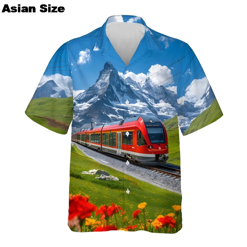 Vintage Train 3D Print Shirts For Men Clothes Hawaii Vacation Vehicle Male Short Sleeve Button Tops Boy Streetwear Lapel Tee