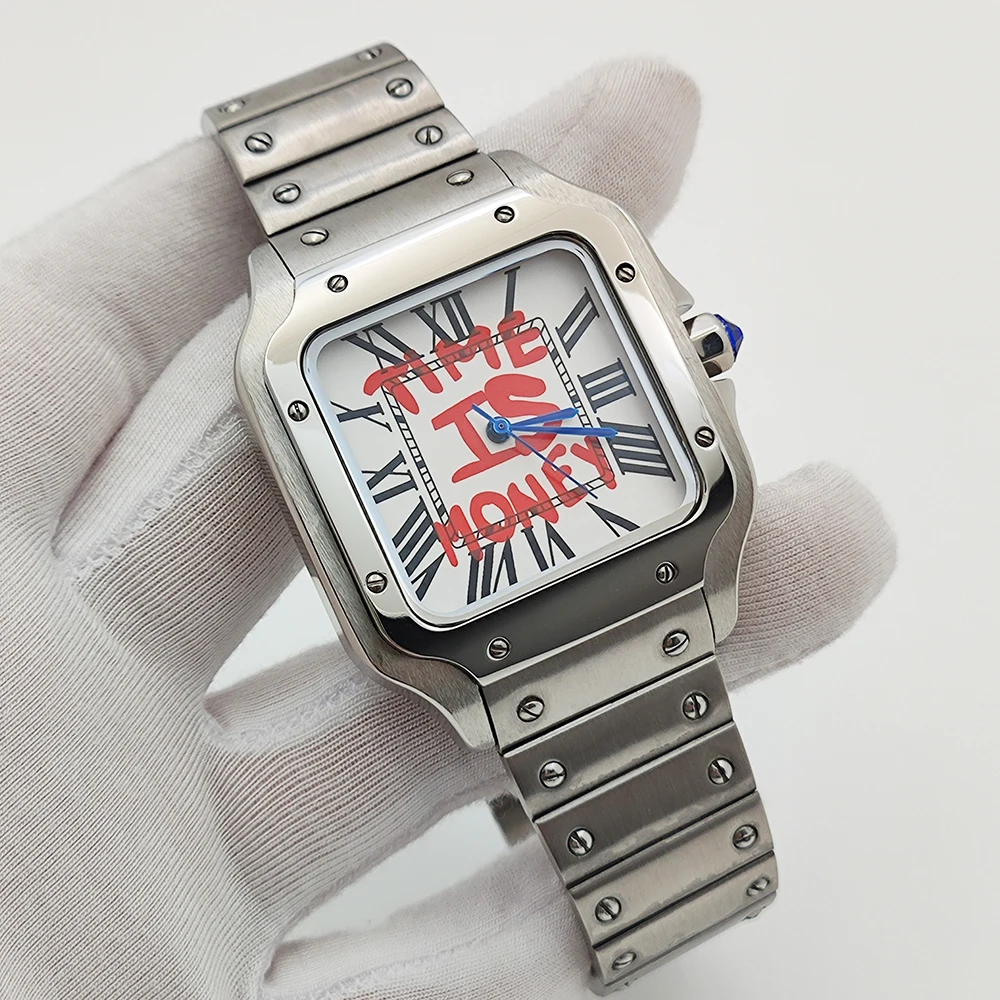 NH35 Square Watch Time is Money, Men's Automatic Watch Roman Case Folding Buckle Bracelet NH35 NH36 Movement Watch