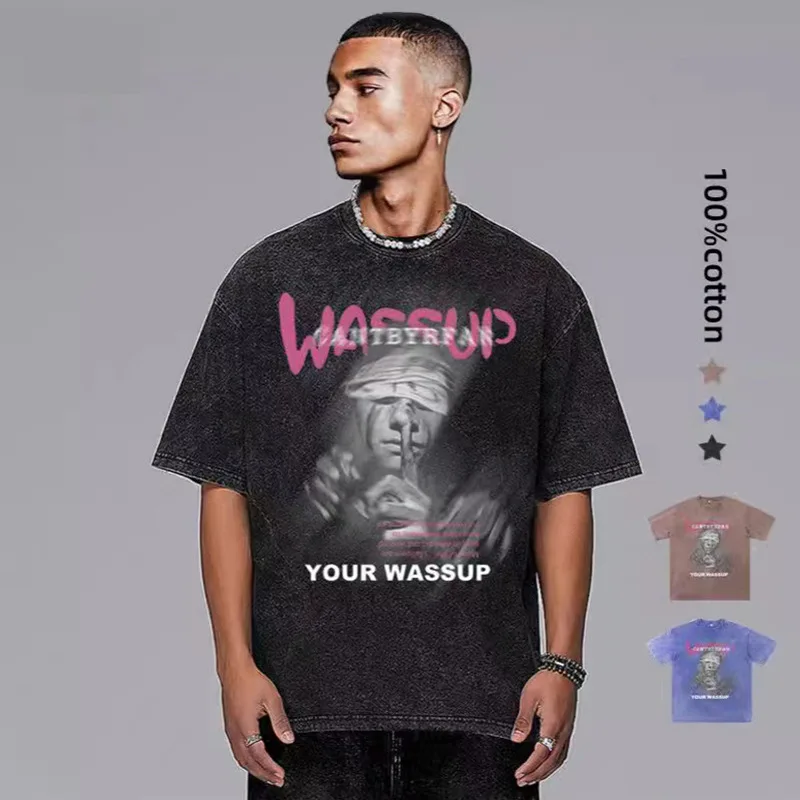 Letter Your Wassup Washed Women Vintage Fashion Brand Short Sleeved T-shirt for Men American Style Loose Cotton Couple's Top