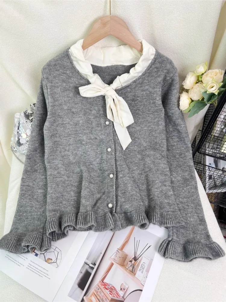 Delikatny sweter rozpinany z dzianiny, wiązany na kokardę, retro, damski, jesienno-zimowy, jednolity kolor, długi rękaw, okrągły dekolt, uniwersalne topy.