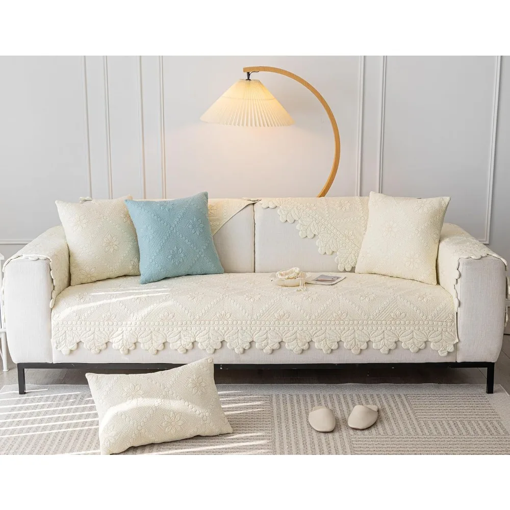 100% Cotton Quilted Floral Embroidered Sofa Cover - Non-Slip, Soft, Washable Couch Slipcover for Furniture Protection