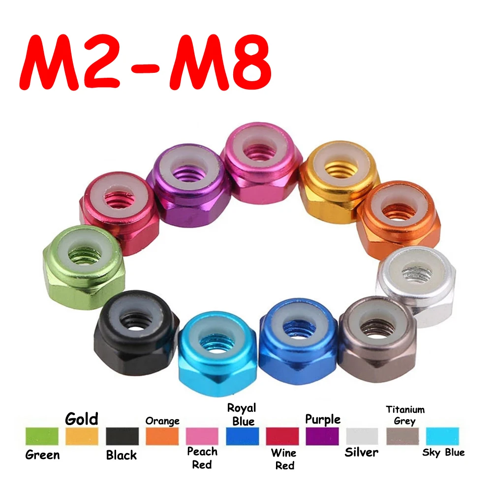 

Yiqianyuan Colorful Aluminum Nylon Insert Self-locking Nuts RC Car Accessories Motor Nuts M2 M2.5 M3 M4 M5 M6 M8 Coarse Thread