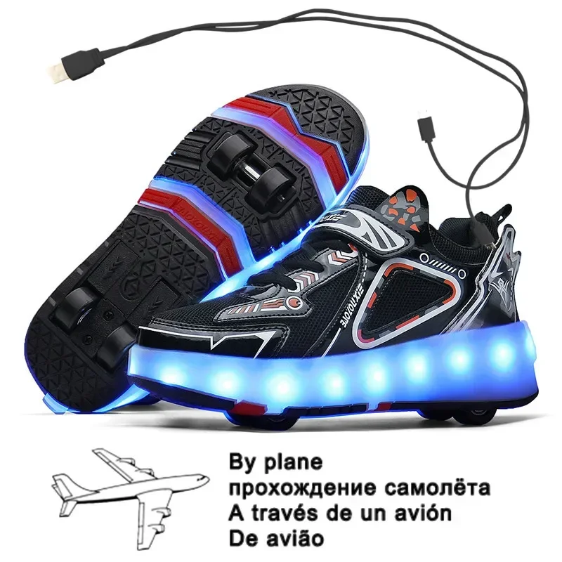 Zapatos de patinaje con luz LED para niños y niñas, zapatillas con ruedas y carga USB, color rosa, novedad