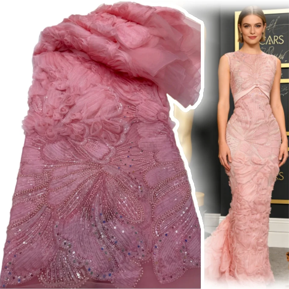 

3D Fashion African Beaded Lace Fabric 5 Yards Peach French Sequined Embroidered Mesh Lace Fabric Women Wedding Party Dress 1981