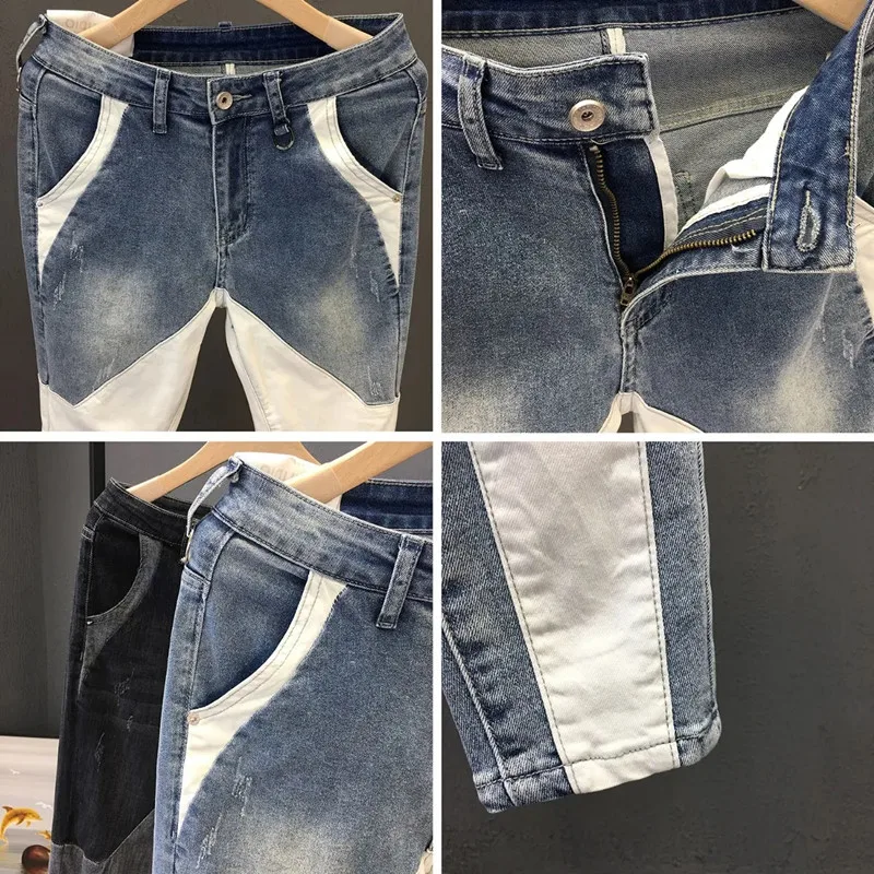 Jeans slim pour hommes, pantalons d'épissage de personnalité, pantalons de printemps et d'été, pantalons de rue coréens, vêtements pour hommes, beau, nouveau, 2024