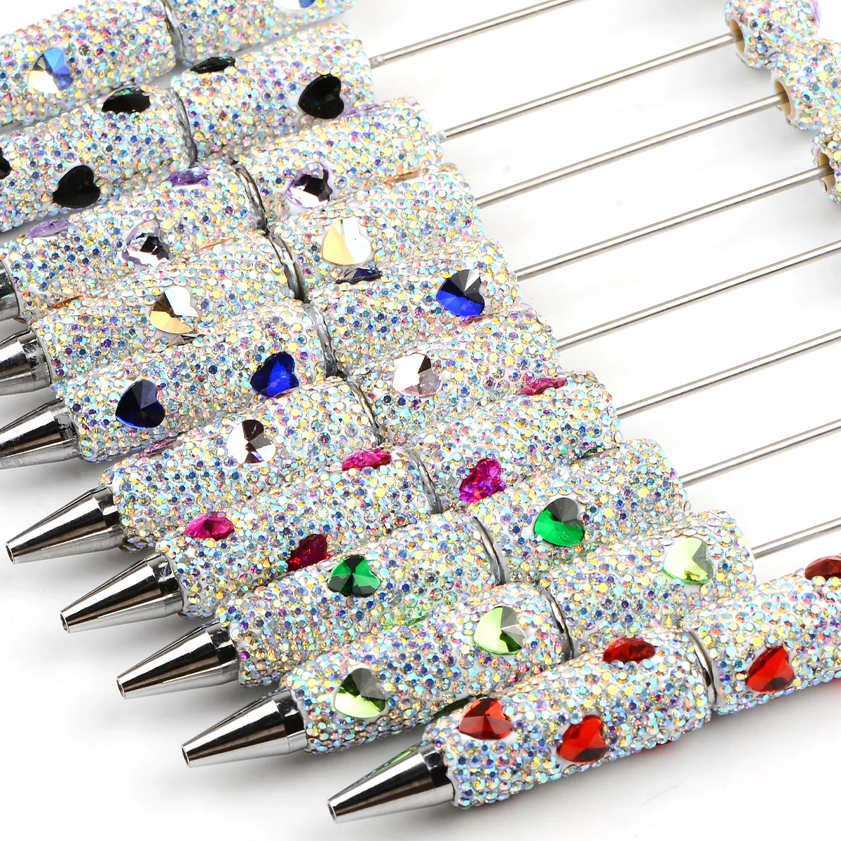 1pcs Heart Rhinestone Bead Pens Loose Spacer Beads DIY Crafts Jewelry Making Handmade White Creative Design Pen