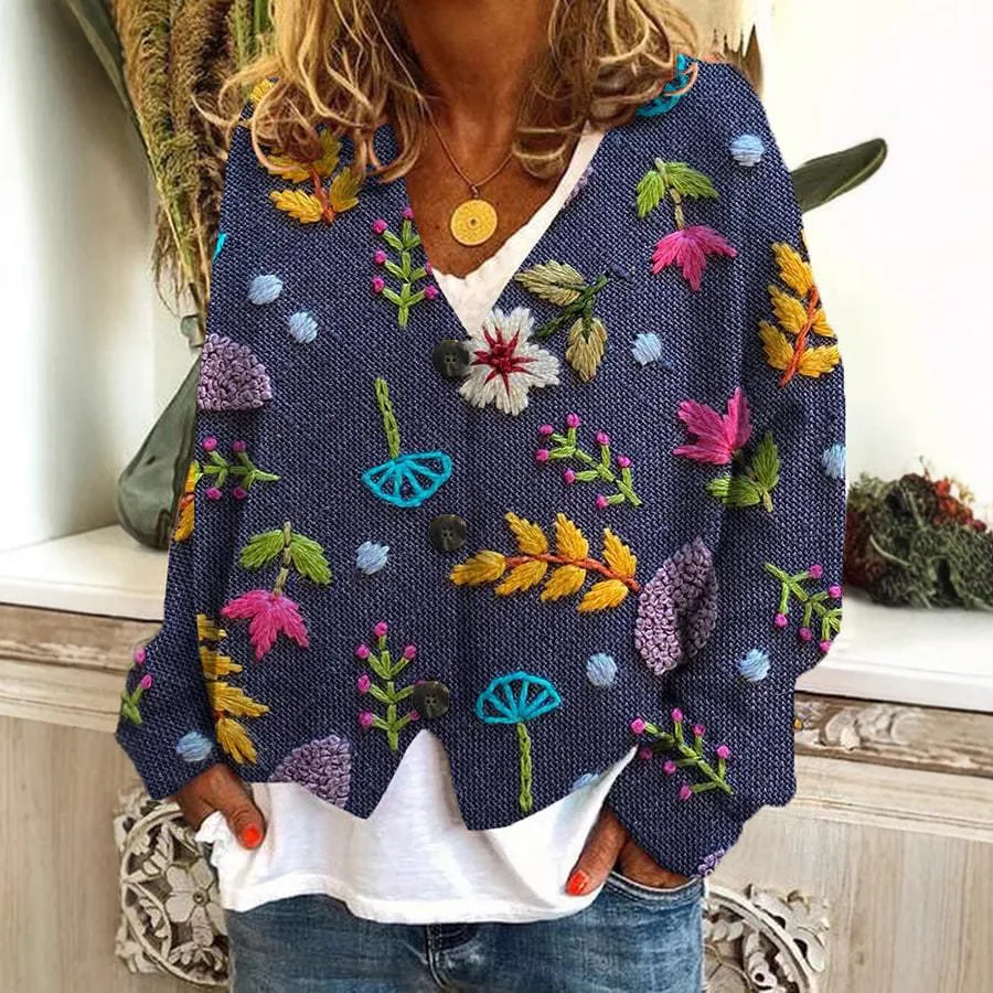 

Модный кардиган на пуговицах с растительным принтом, универсальный вязаный свитер с длинными рукавами и v-образным вырезом, осень 2200, женский Herbst Damen Kleidung