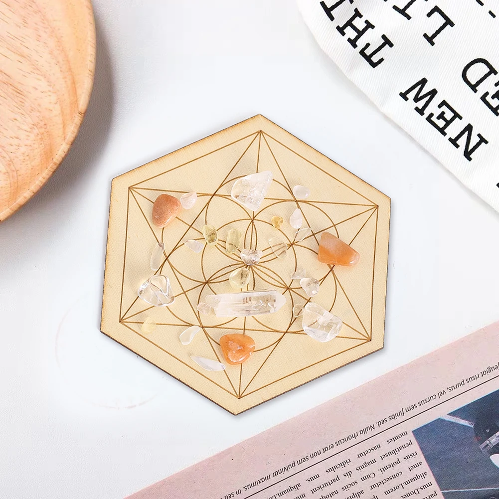 1 PC Crystal Stone Array Hexagonal Tray Natural Wood Laser Engraved Grid Pattern Tray Placemats Coasters Decoration