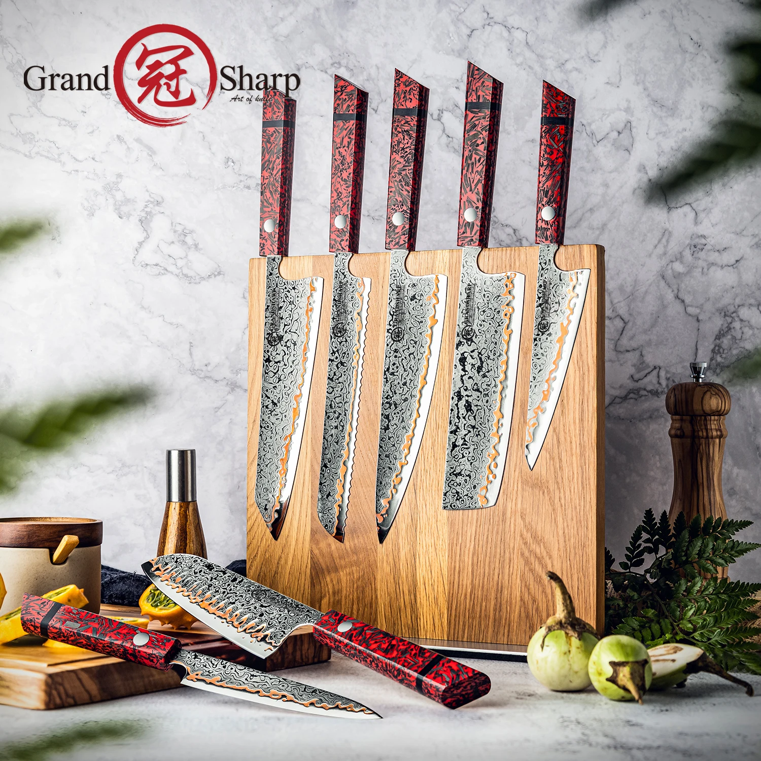 

Grandsharp 1-7 шт. набор кухонных ножей из дамасской стали 55 слоев 10Cr15CoMov медный стержень для приготовления пищи подарок для шеф-повара домашняя кулинария