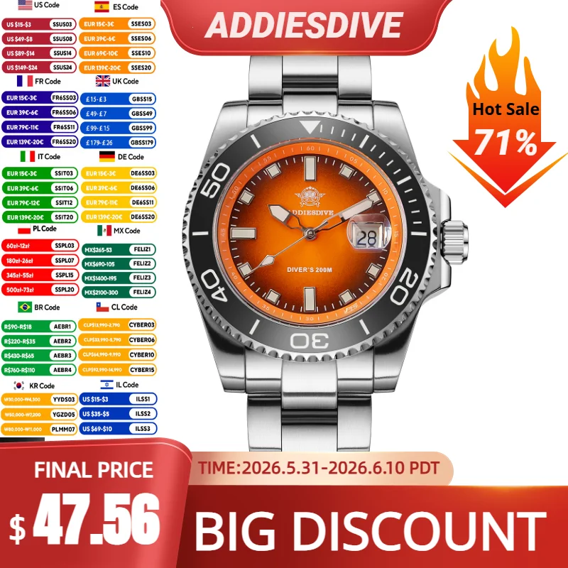 

ADDIESDIVE AD2089 NEW Sports Watches Men's 41mm Quartz Watch Colorful Rotatable Bezel BWG9 Luminous 200m Waterproof Diving Watch