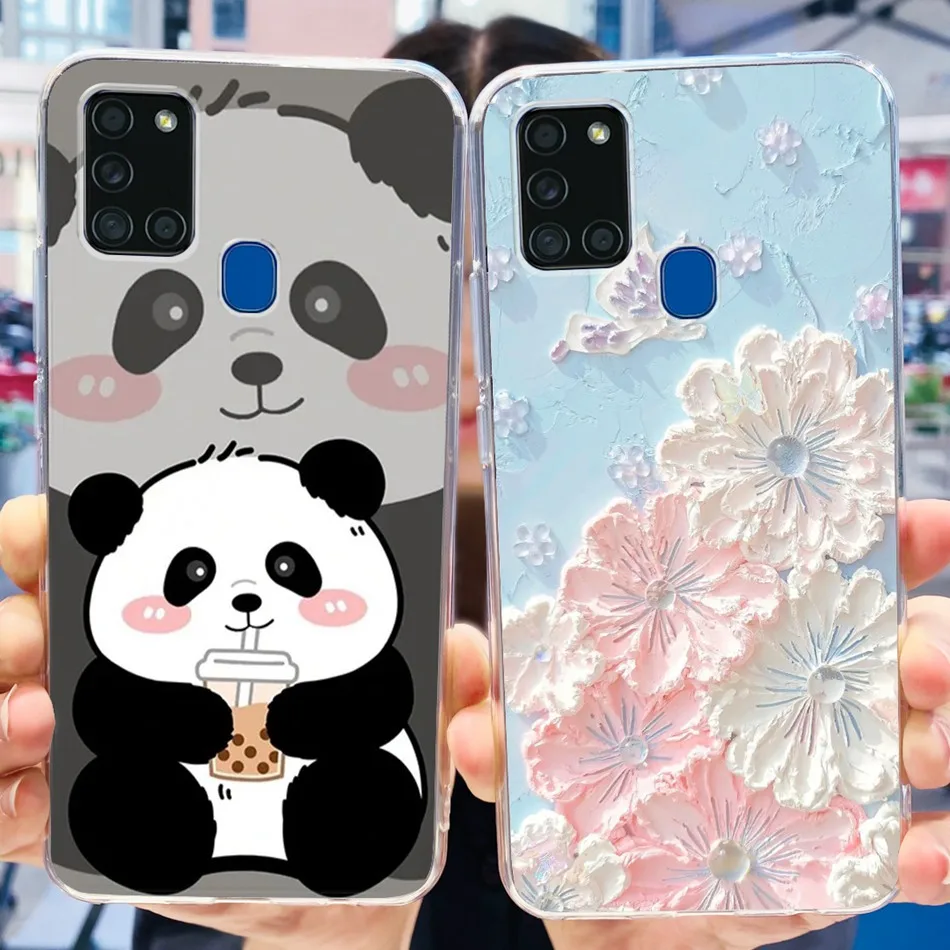 For Samsung Galaxy A21S Case Samsung A21 A21S SM-A217F SM-A215U Cute Panda Flower Painted Soft Silicone TPU Phone Cases