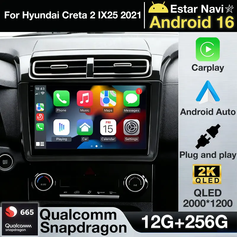 Android 16 Car Radio For Hyundai Creta 2 IX25 2021 GPS Multimedia Player Navi Head Unit Stereo Wireless Carplay Auto DSP QLED BT