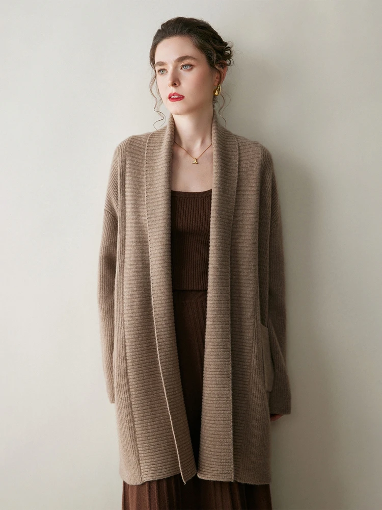 

Autumn Winter clothes Woman 100% Cashmere Cardigan Sweater Lapel Collar Mid-calf Pocket Intellectual Jacket Outwear Thick Warm