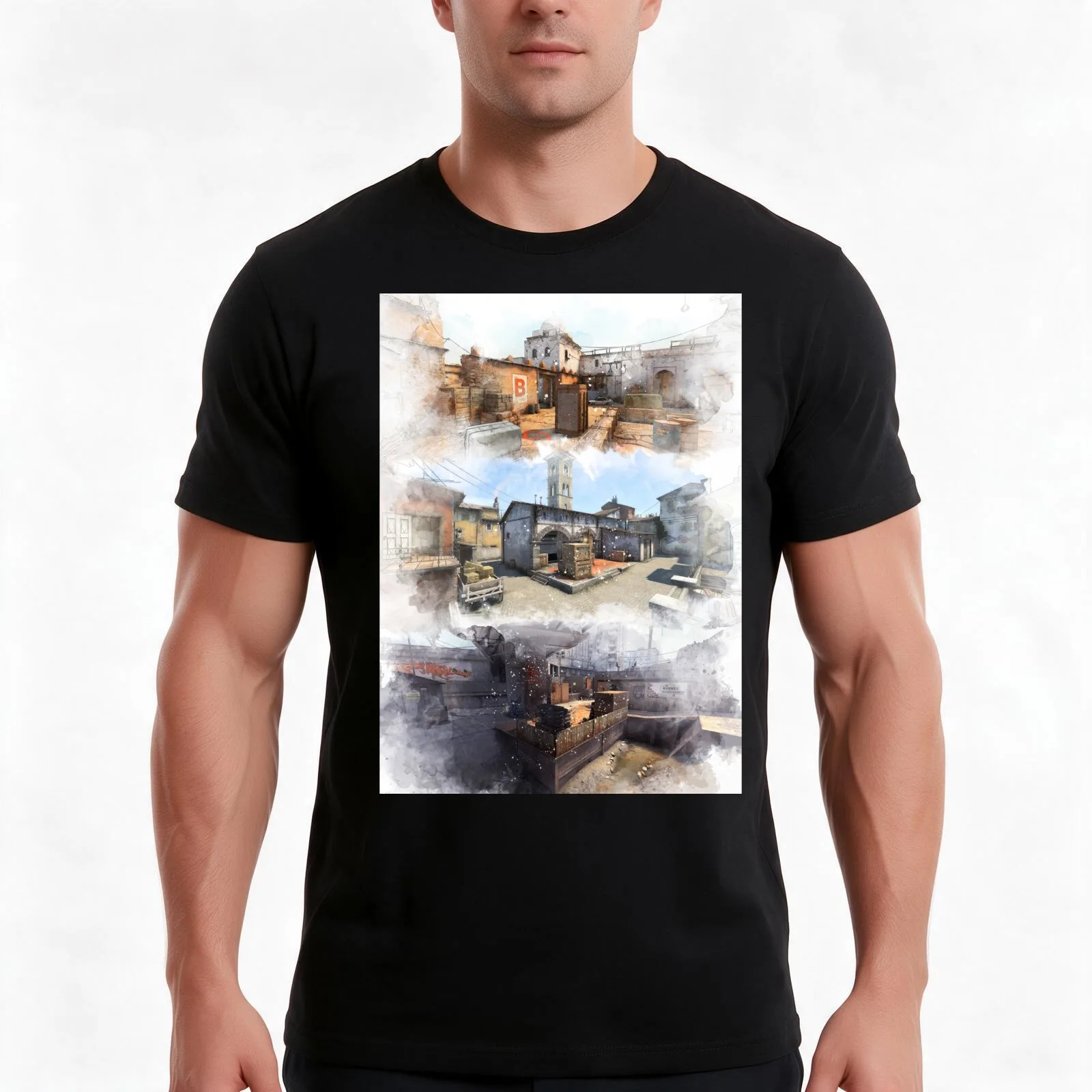 Dust 2 Inferno and Overpass Watercolour CSGO Map Poster T-Shirt Summer Casual Cotton Tee Oversized Streetwear Tops