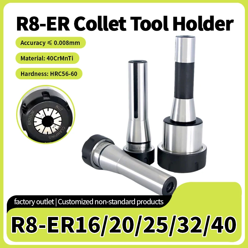 R8 Taper Shank ER Collet Chuck Milling Tool Holder, R8 ER16 ER20 ER25 ER32 ER40 M12 Thread Collet Chuck for Milling Machine