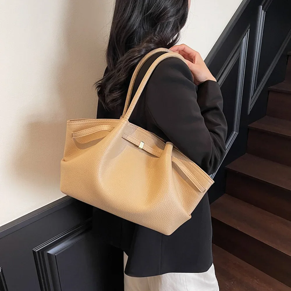 Luxuriöse Lychee-Muster Schultertaschen aus PU-Leder Einfarbige Damenhandtaschen Große Kapazität Tragetasche Reisehandtaschen – Detail 6