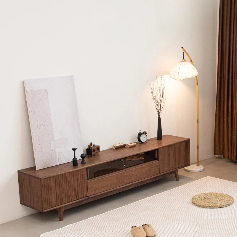 

Black walnut TV cabinet, modern simple solid wood Nordic black walnut living room home drawer floor cabinet