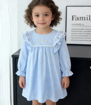 Girls Dress Spring New Korean Sweet Long Sleeved Lace Flower Embroidered Princess Dress Casual Fashion Daily Elegant Wear