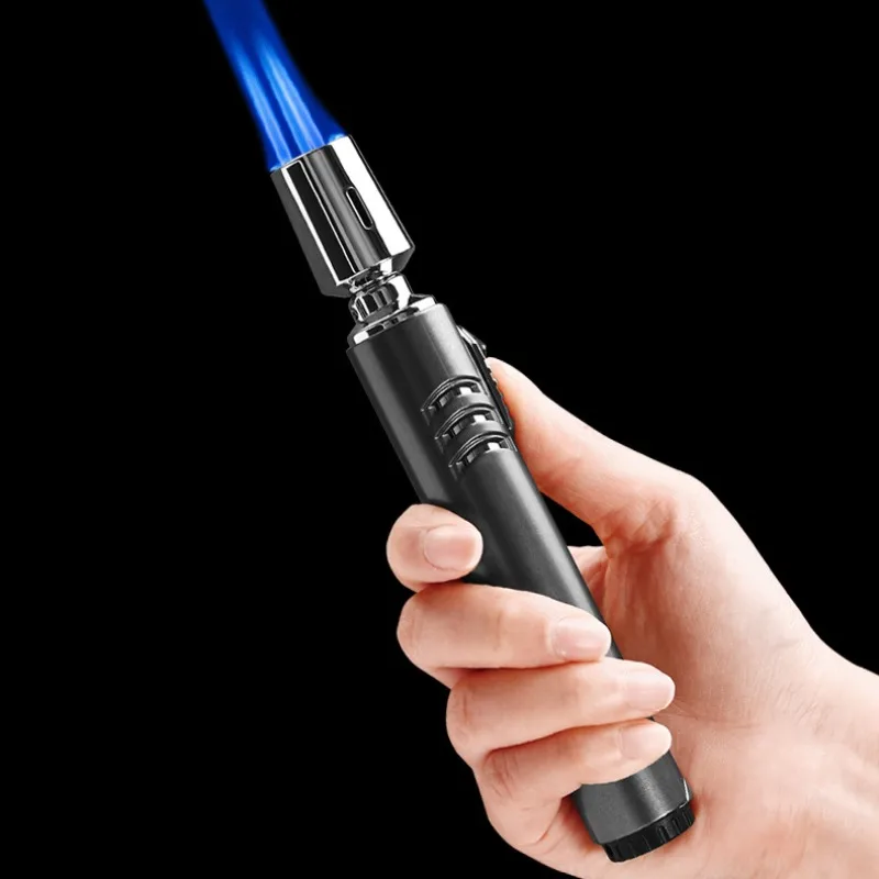 

Three-direct Shock Windproof Blue Flame Lighter Visible Ventilation Window Cigar Special Portable Outdoor Long Barbecue Igniter