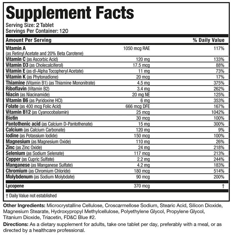 Men's 50+ Daily Super Multivitamin, High Potency Formula for Brain, Eye & Heart Health, Vitamins A C D E K B1 to B12 Gluten Free