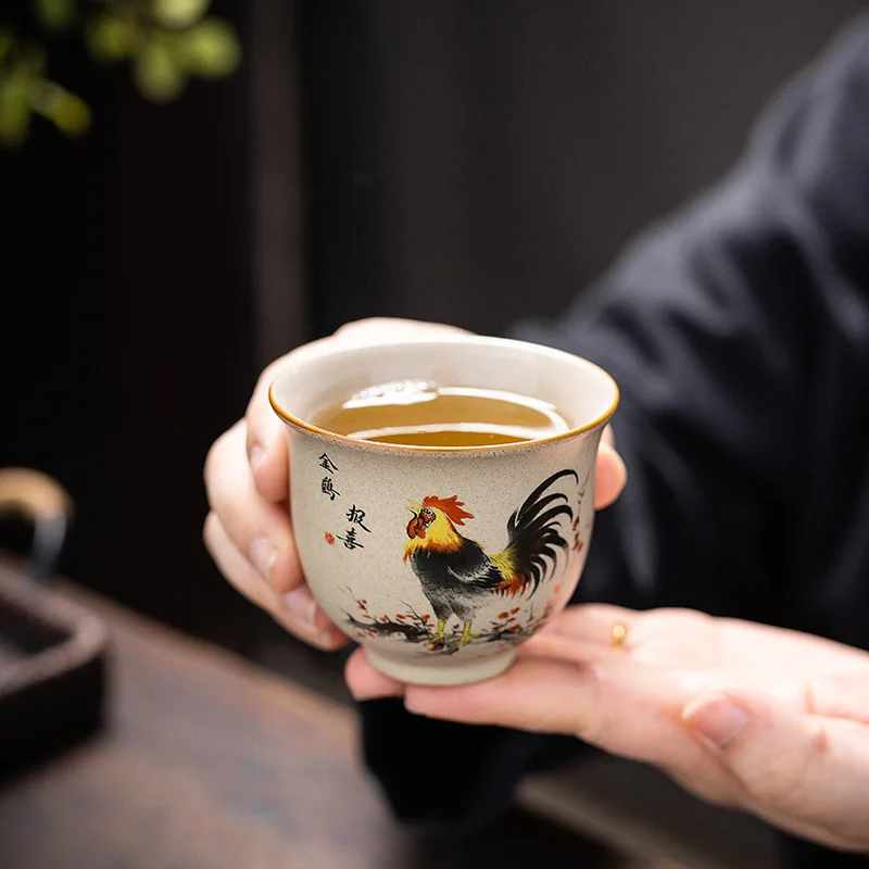 

For 1 Pc Chinese Zodiac Rooster Ceramic Tea Cup Handmade Vintage Pottery Tea Bowl Teaware Master Teacup Personal Meditation Cup