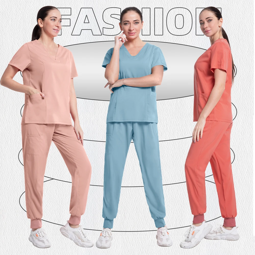 Scrub Set Uniform Nurse Workwear Nursing Top And Pant Women Men Solid Color Chlorine Bleach Resistance Heathered Working Suit