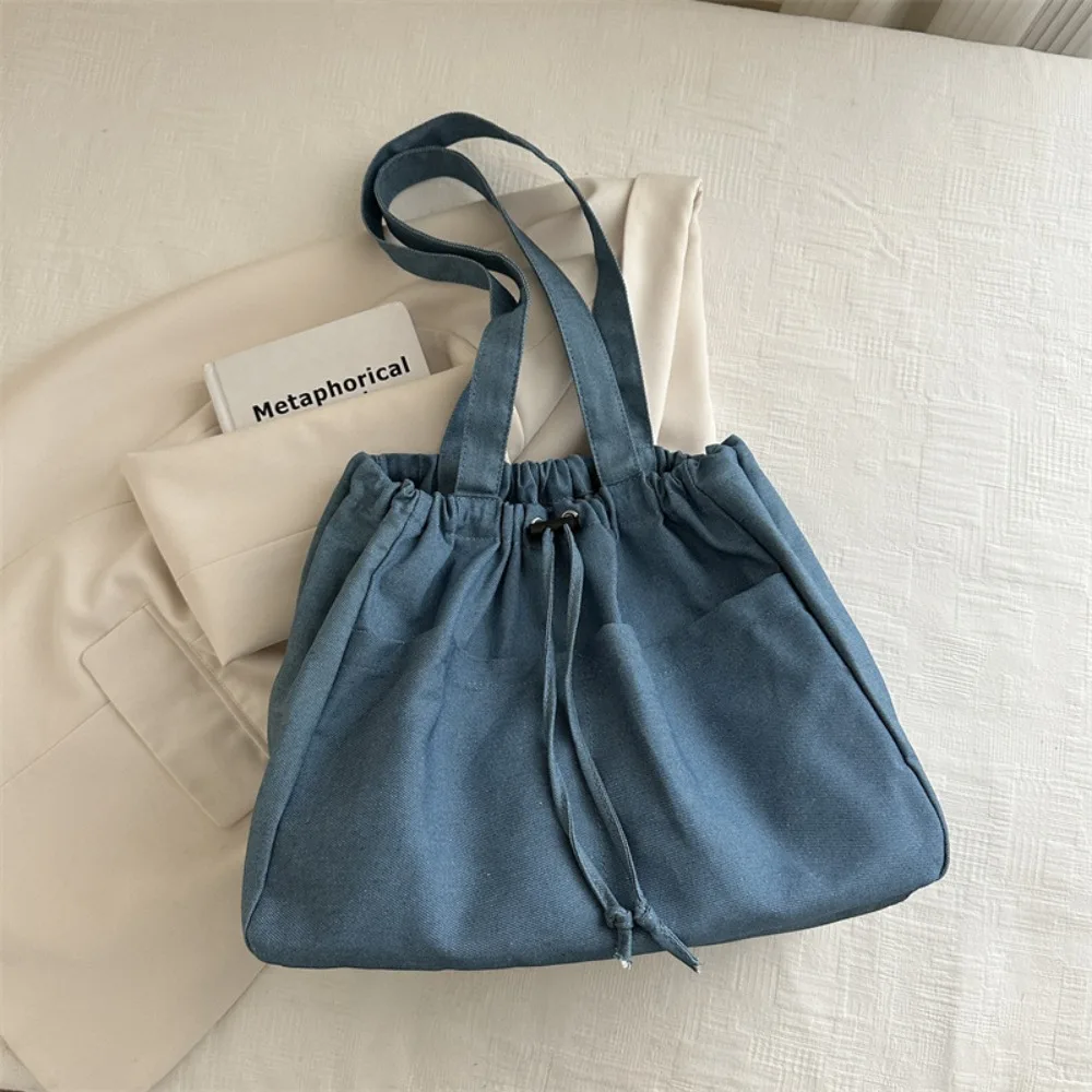 

Large Capacity Oxford Drawstring Shoulder Bag Casual All-match Denim Tote Bag Leisure Cowboy Canvas Bucket Bag Streetwear
