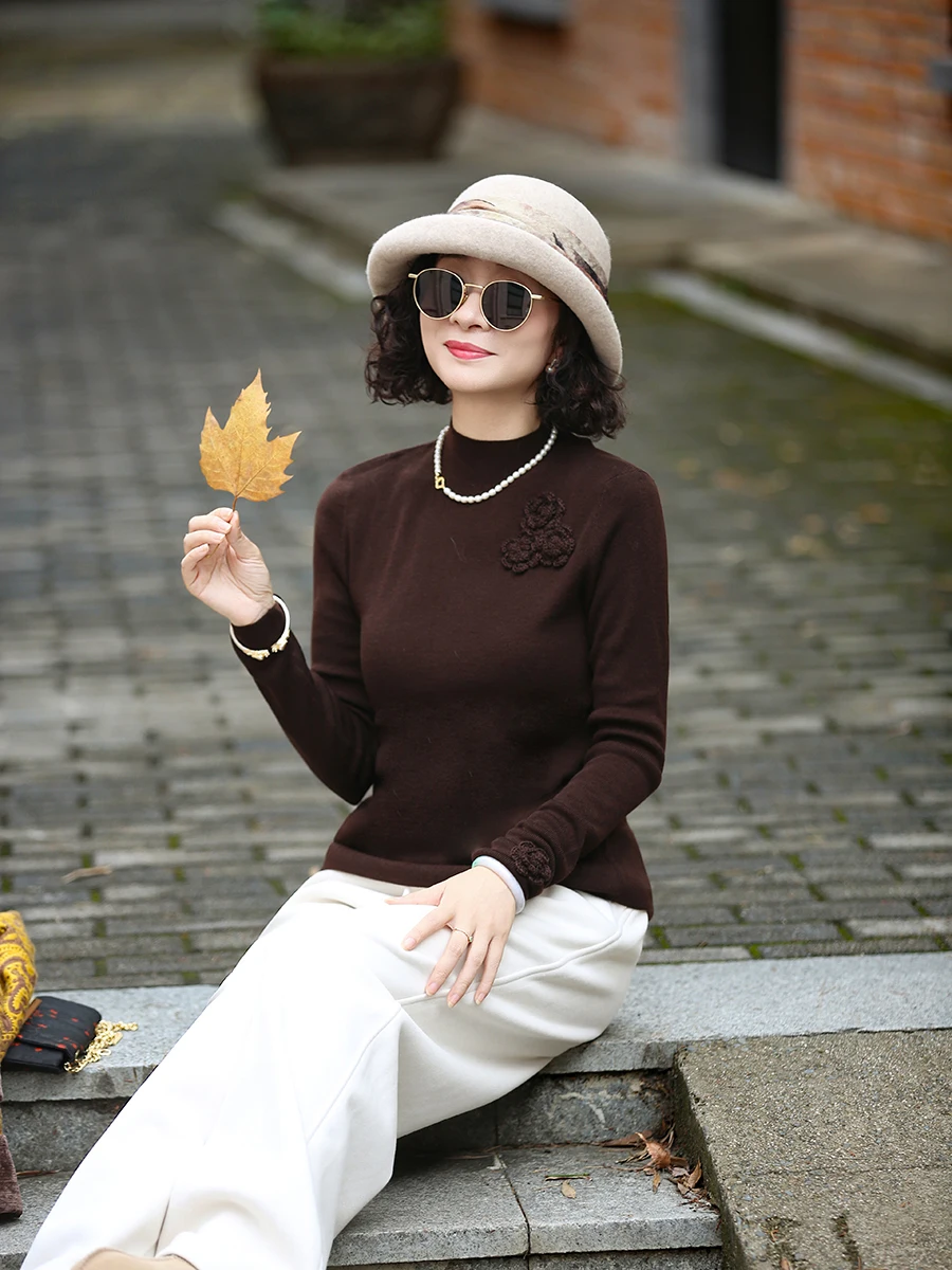 

Осень-зима вязаный свитер ручной работы с высоким воротником, приталенный свитер-камер, универсальная шерстяная пряжа, цветочная вышивка, модный