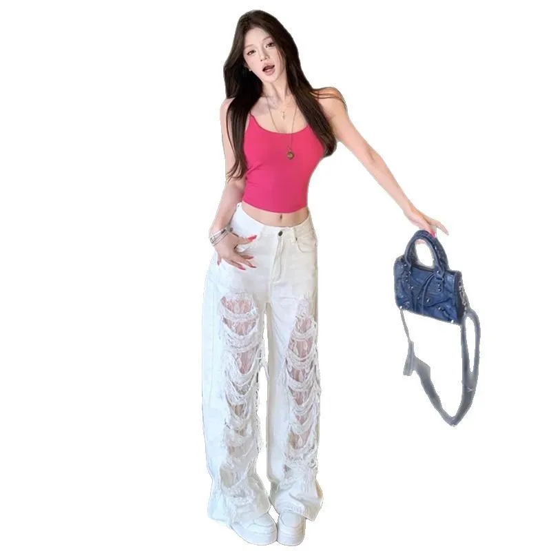 

2026 summer new lace patchwork distressed wide-leg jeans