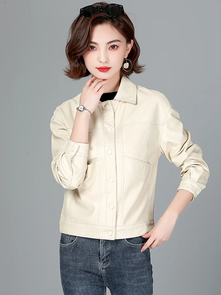 2025年春新作 レディース オーバーフィット ブラックシープレザージャケットコート 韓国風 スリムフィット 海寧産本革アウター