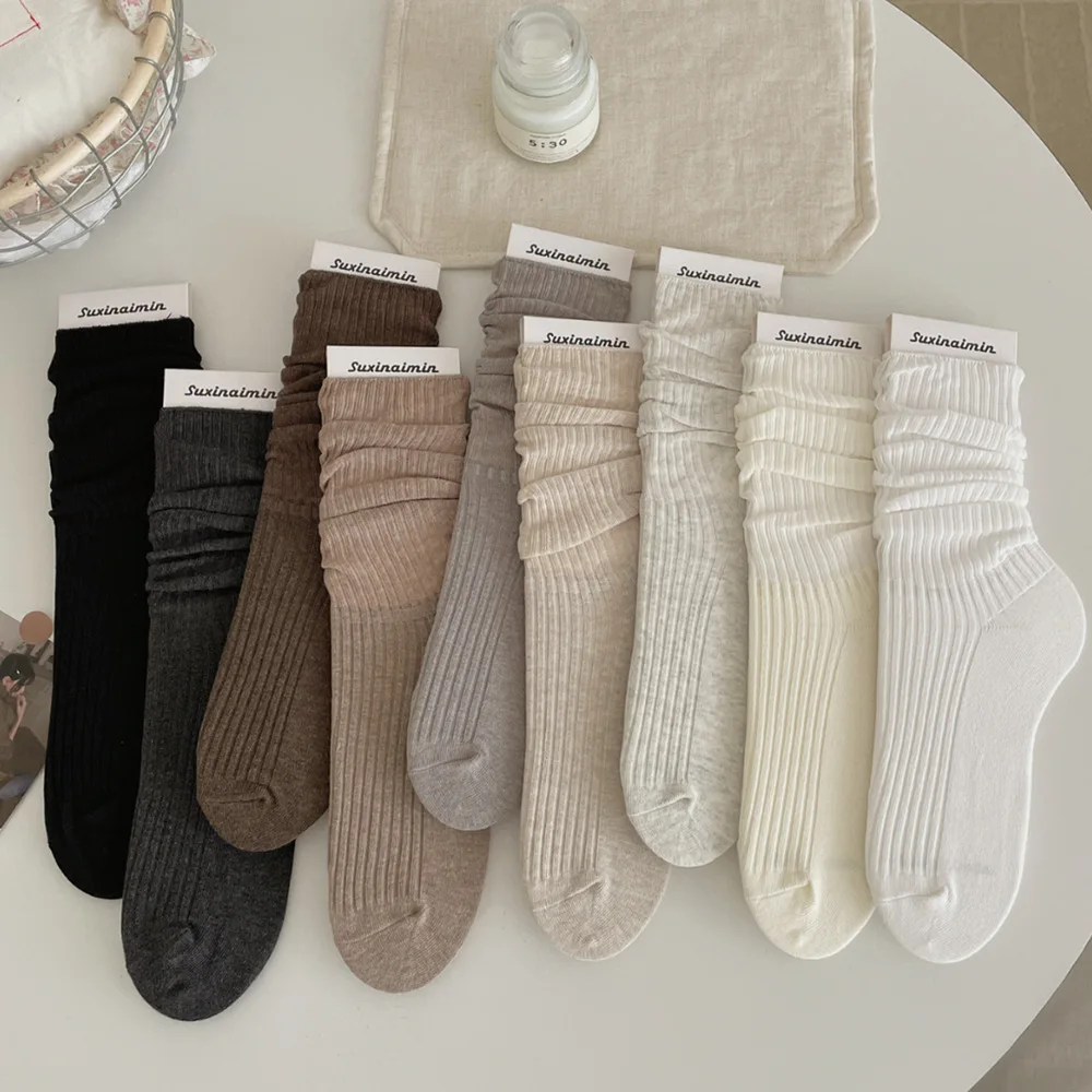 1 Pair Solid Double Needle Ribbed Mid-Calf Socks for Women Solid Color Loose Slouchy Crew Stockings Basic Daily Casual Socks