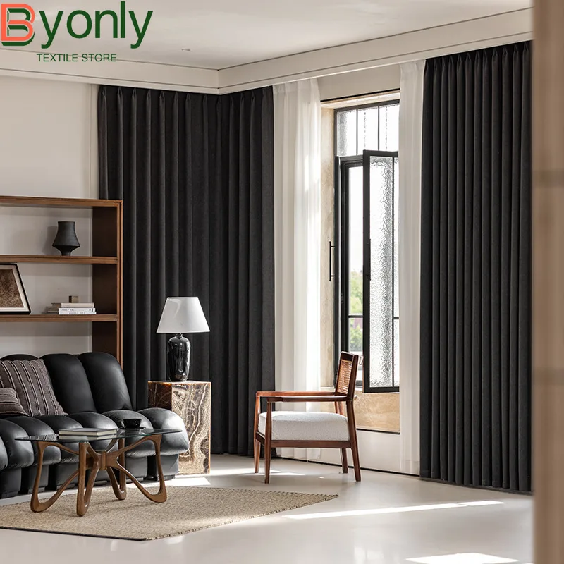 New Black Thickened Chenille Blackout Curtains for Living Room Bedroom French Window Partition Curtain Customized Villa Curtain