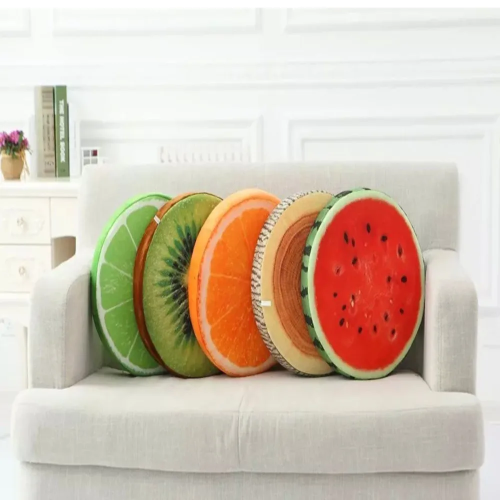 Soft Round Fruit Pillow Simulation Fruit Slice Print Throw Pillow Plush Fabric Stuffed Inner Seat Cushion Bedroom Use