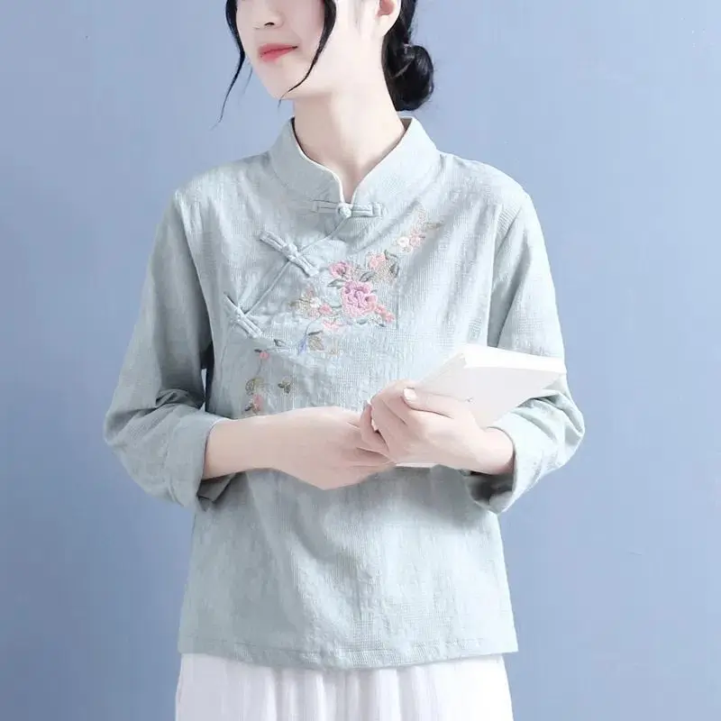 Autumn Cotton Linen Stand Collar Frog Button Shirt Women 2026 New Chinese Style Vintage Embroidered Long Sleeve Top
