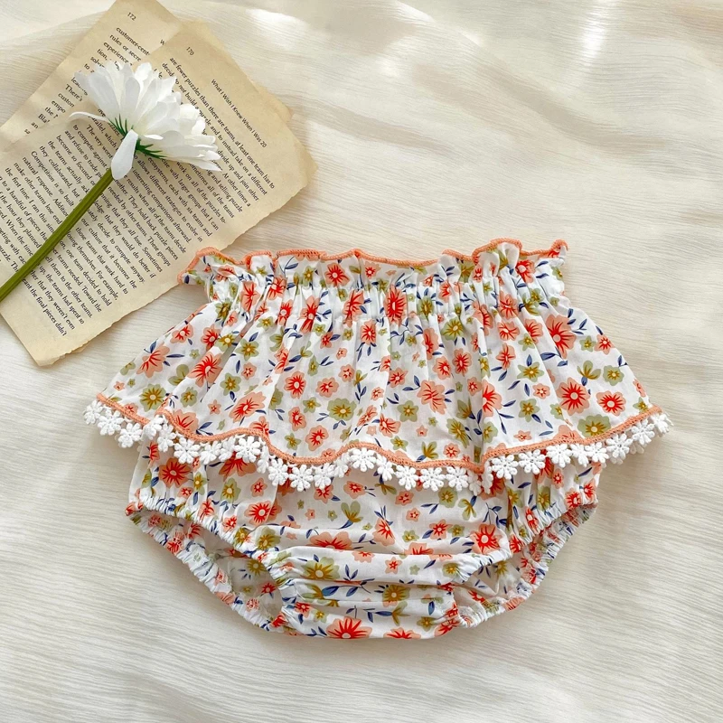 Summer new baby clothing, 0-3 year old girls, small fresh bubble sleeve top+checkered floral skirt pants 2-piece set