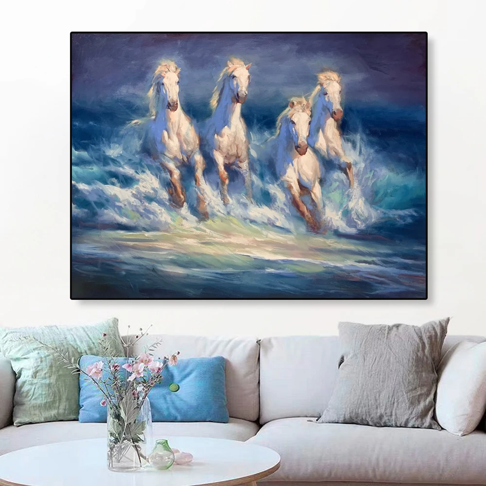 

Abstract Wave Poster Horses Modern Wave Art Prints Seascape Artwork Blue Ocean Canvas Painting Home Wall Living Room Decoration