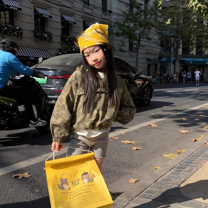 Girls Outerwear 2026 Spring New Camouflage Hooded Casual Western-style Embroidered American Jacket Fashionable Daily Versatile