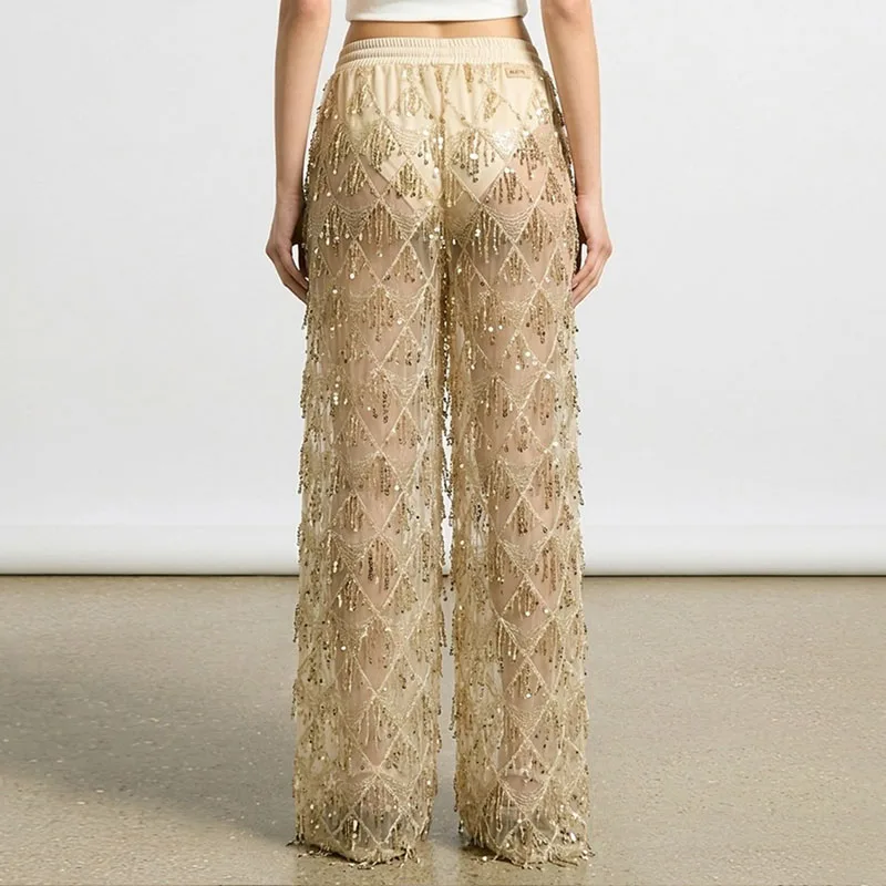 2026 Sheer Mesh Sequin Pants Women Elastic Waist Drawstring Diamond Tassel Decor Flared Wide Leg Trousers Sexy Party Beach Pants