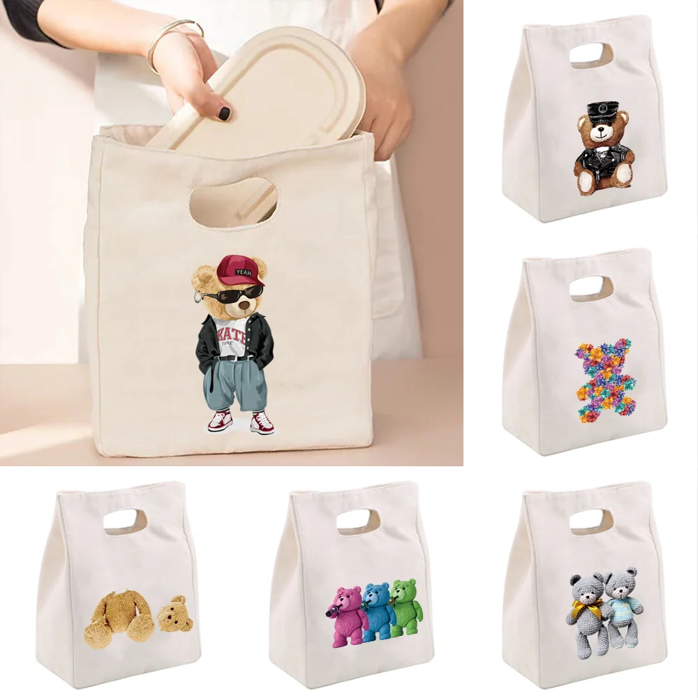 

Portable Lunch Pouch Insulation Bag Canvas Bear Tote Bag Korean Sylte Shopping Bags Simple Sundries Bag Kids Picnic HandBag 2024