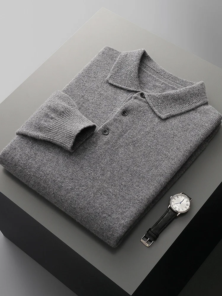 100% Australian Wool Men Lapel Pullover Long Sleeve POLO Neck Sweaters Loose Warm Tops Knitted High-quality Clothing