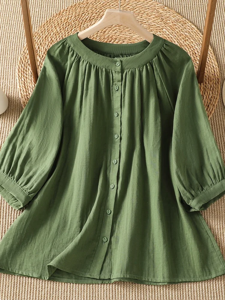 

High Quality Linen Five Sleeve Shirt Women Summer Large Size Commute Versatile Age Reduction Color Top Comfortable Fit