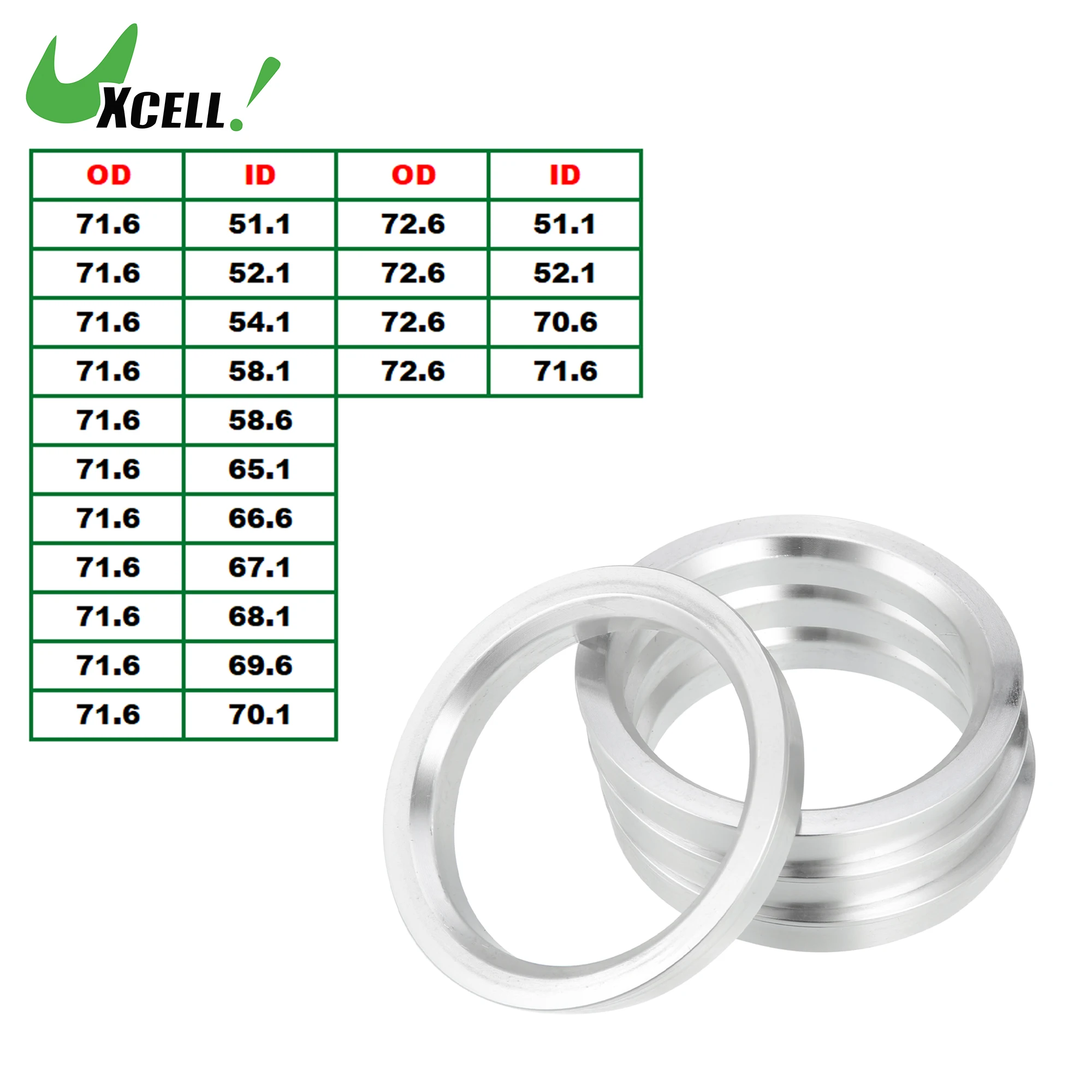 UXCELL 4pcs OD 71.6mm 72.6mm to ID 51.1mm 54.1mm 58.6mm 66.6mm 70.1mm Aluminium Alloy Car Hub Centric Rings Wheel Bore Spacer