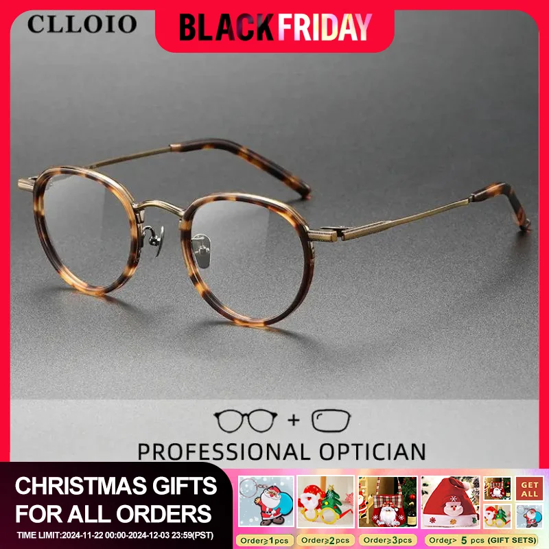 CLLOIO Men Vintage Round Reading Glasses Anti Blue Light Office Glasses High Quality Pure Titanium Prescription Optical Glasses